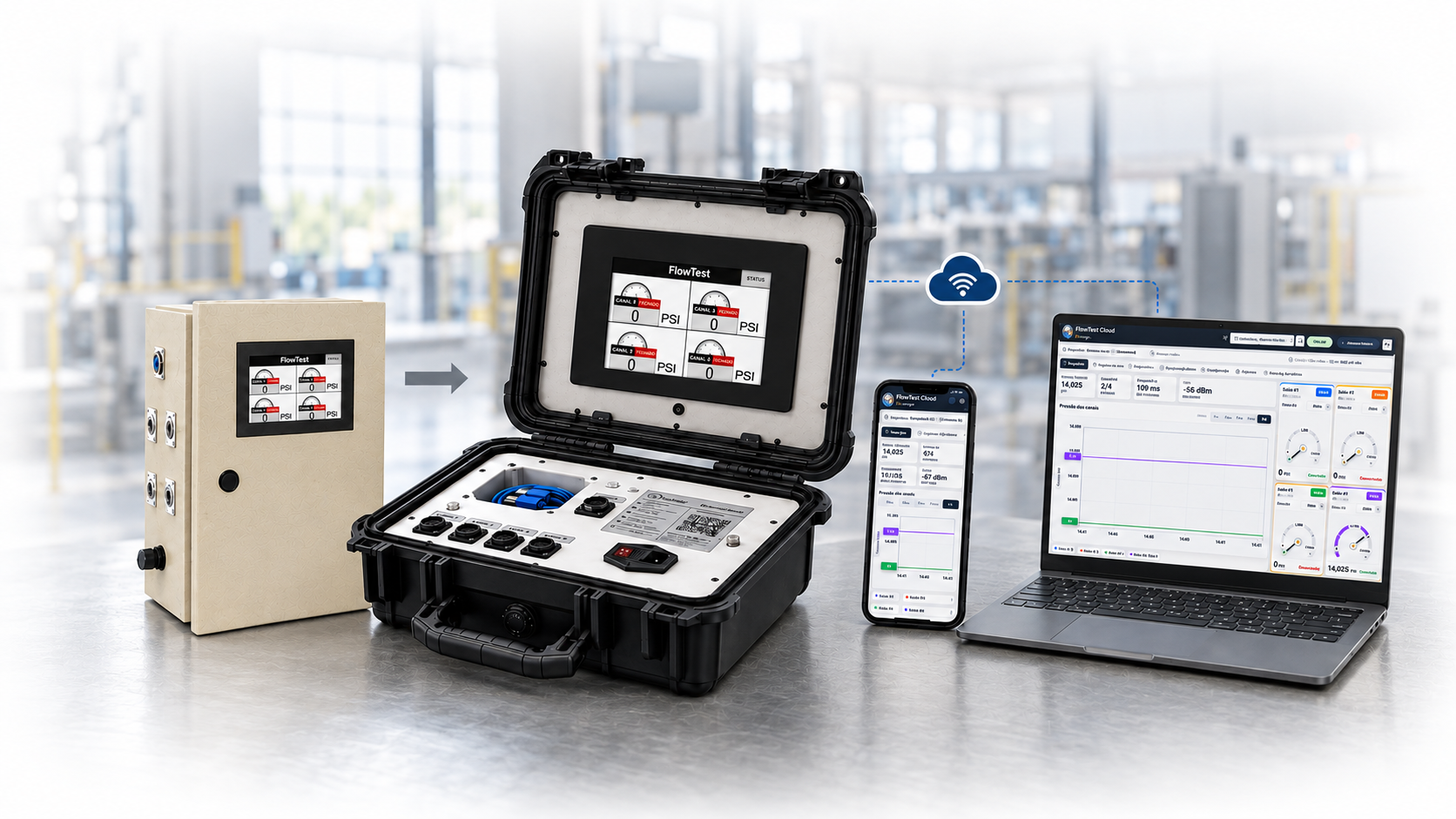 Cenário industrial com a evolução do FlowTest: painel original, case com HMI de 7 polegadas e conexão Wi-Fi ao computador e celular